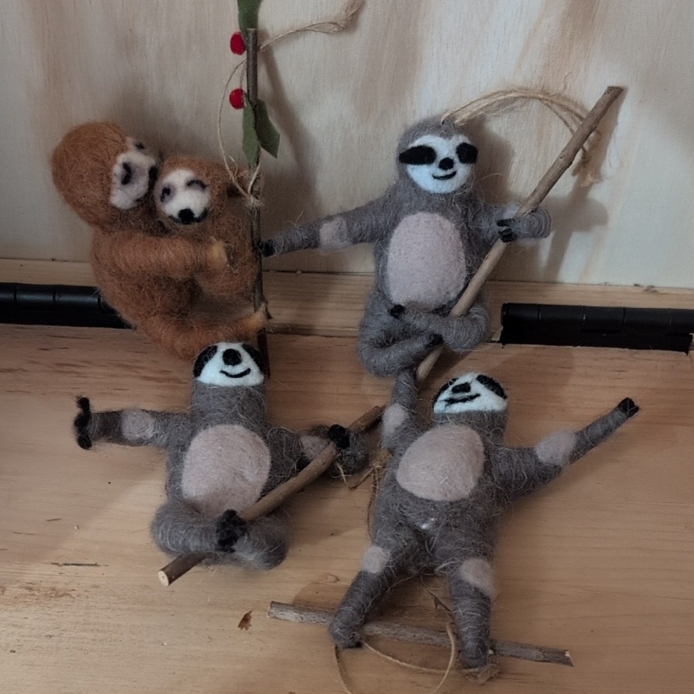Handcrafted Felt Lot Of Four Sloth Ornaments